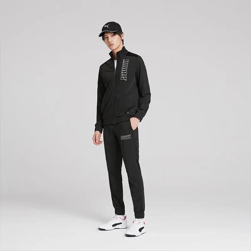 Puma Куртка с воротником-стойкой, застежкой-молнией и логотипом, однотонные эластичные манжеты, повседневные брюки, комплект из мужской куртки и брюк, черный цвет 585325-01