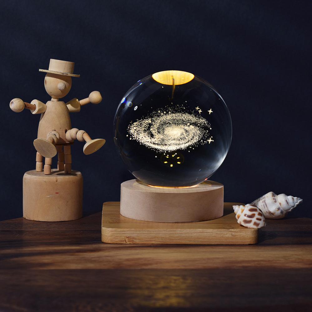 3D Galaxy Crystal Ball Lamp Лазерная гравировка Ночной светильник с деревянной основой для декора спальни,