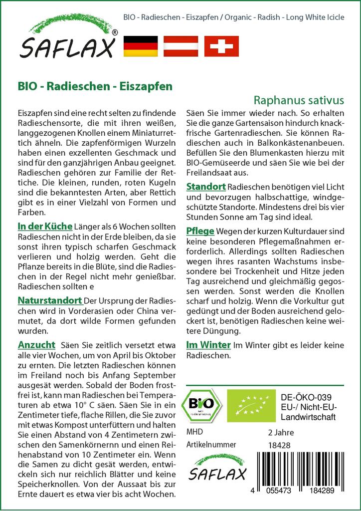 SAFLAX Сад в сумке - Органический - Редис - Длинная белая сосулька - 100 семян - С субстратом в подходящем стоячем мешке - Raphanus sativus