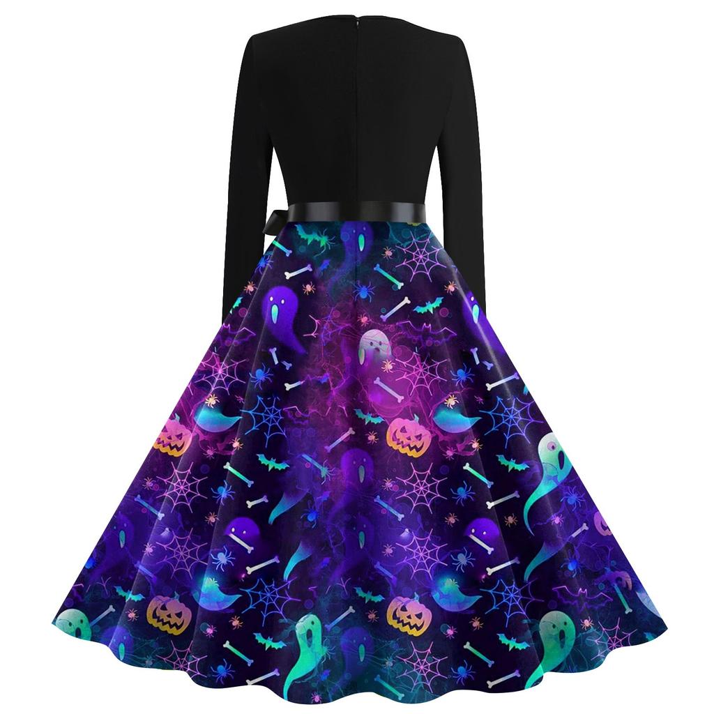Женские повседневные модные винтажные длинные платья с длинным рукавом на Хэллоуин и графическим принтом