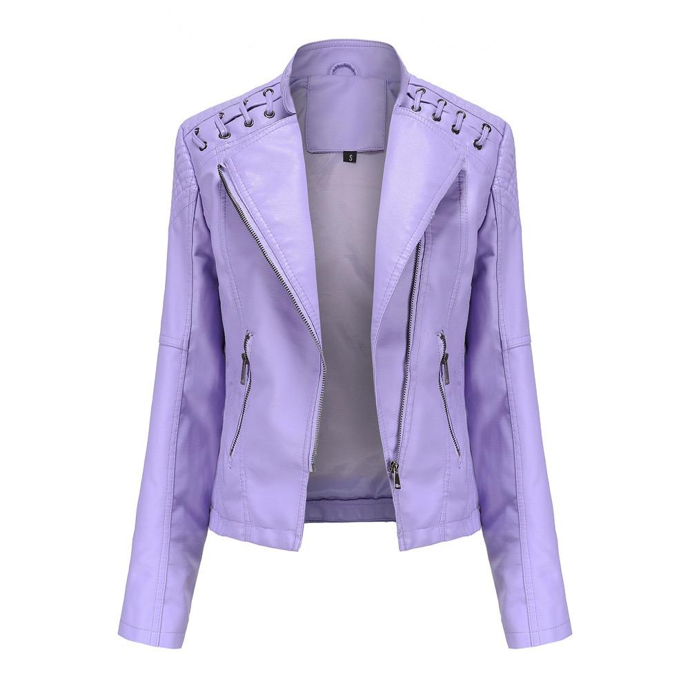 VAYLA Women Fashion Lace-up Leather Jacket Slim Fit Spring Autumn Motorcycle Jacket Zipper Jacket