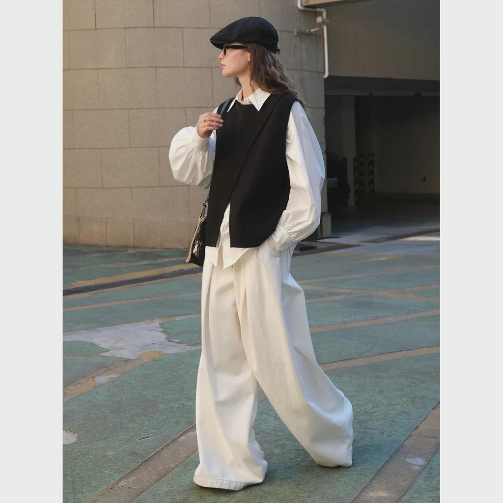 Louvre Autumn Korean Style Irregular Slit Vest for Women - Slim Layered Loose Fit Top