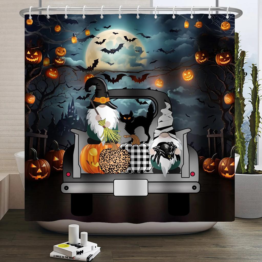 Хэллоуин Занавеска для душа Ужас Лунная ночь Тыква Череп Скелет Страшный Замок Ведьма Призрак Кладбище Водонепроницаемые Занавески для ванной