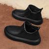 Men's Black Boots Versatile Casual Leather Boots Zipper PU Flat Bottom Casual Walking Shoes Waterproof Men One Foot Shoes
