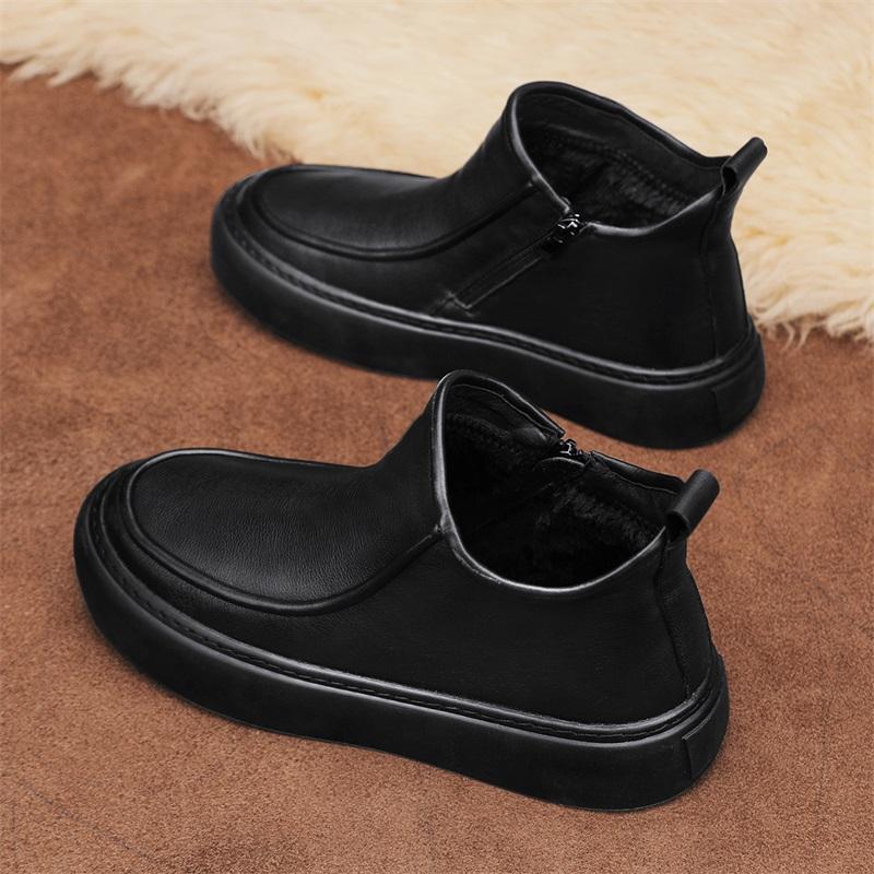 Men's Black Boots Versatile Casual Leather Boots Zipper PU Flat Bottom Casual Walking Shoes Waterproof Men One Foot Shoes