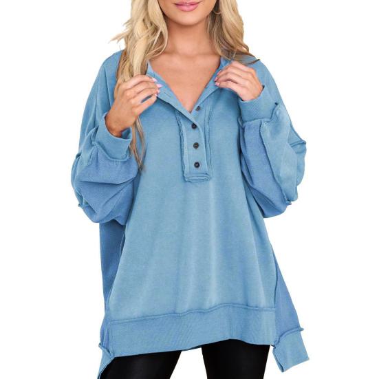 Женская толстовка с пуговицами, круглым вырезом, длинными рукавами, эластичными манжетами, свободная однотонная, неровный подол, пуловер, повседневный спортивный топ