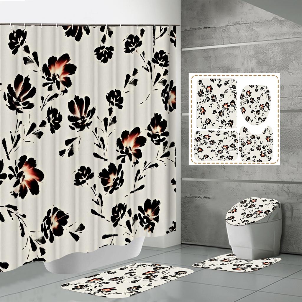 4 ШТ. Наборы штор для душа со шторкой для душа и ковриками, коврик для крышки унитаза, U-образный коврик и коврик для ванной, набор для ванной комнаты с 12 крючками