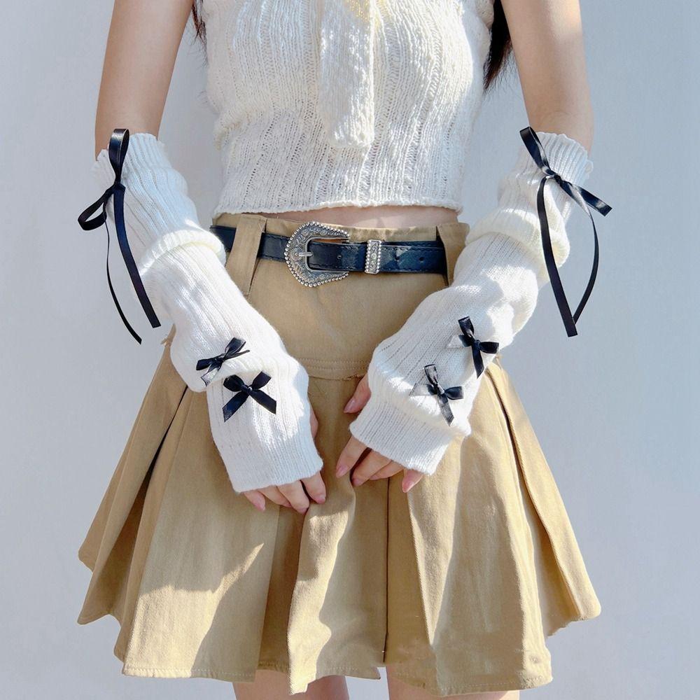 Бантик Y2K Теплые рукава Эластичные перчатки без пальцев Вязаные гетры с бантом в балетном стиле Лолита