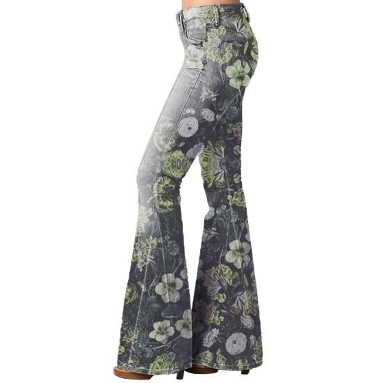 Женские джинсовые брюки с высокой талией, цветочным принтом, расклешенные джинсы с карманами, поясом, легкими дышащими джинсами