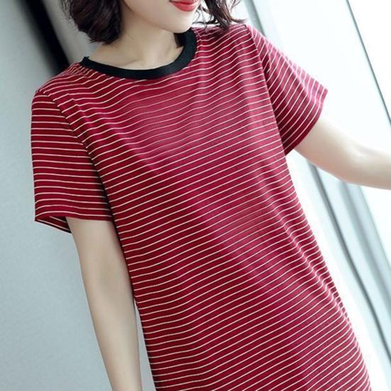 Women Casual Striped Middle Dress Short Sleeve Loose Round Neck Summer Lightweight Comfortable Office Beach Dress