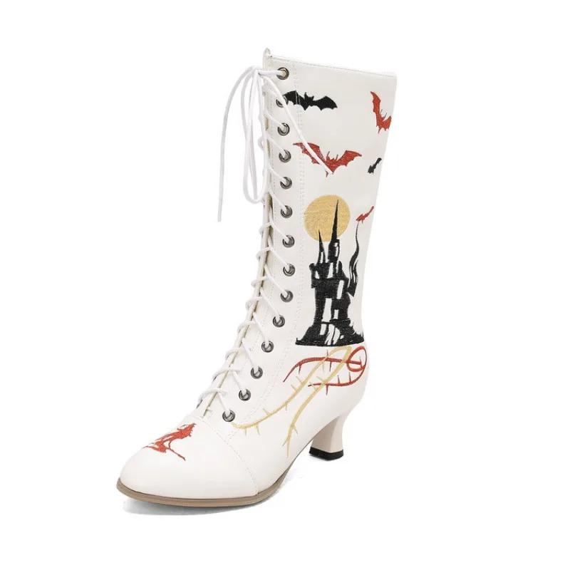 Мода 2025 Новые Хэллоуин Косплей Сапоги Женские Вышивка Туфли Ведьмы На Шнуровке Каблук-рюмочка Винтажные Викторианские Сапоги Вечеринка Женщина
