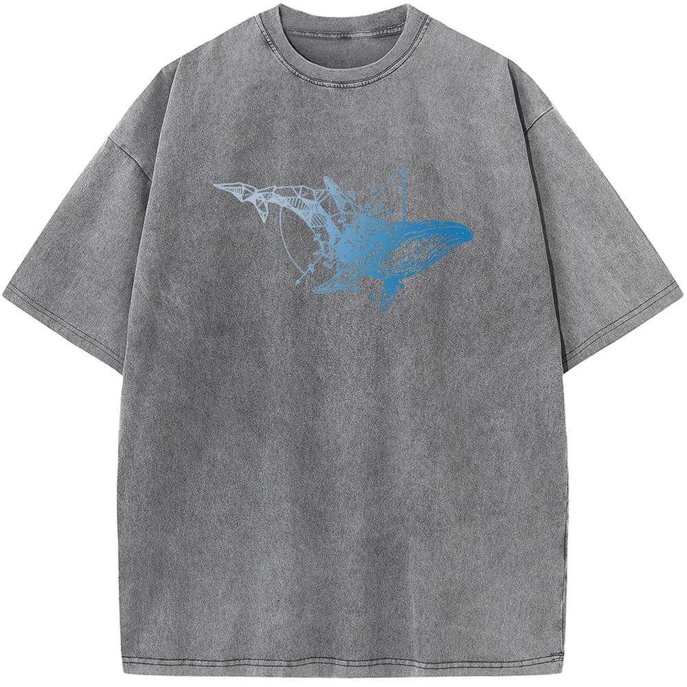 Футболка унисекс с принтом кита и геометрией, новинка, хлопковая летняя отбеленная футболка, забавная повседневная свободная отбеленная футболка
