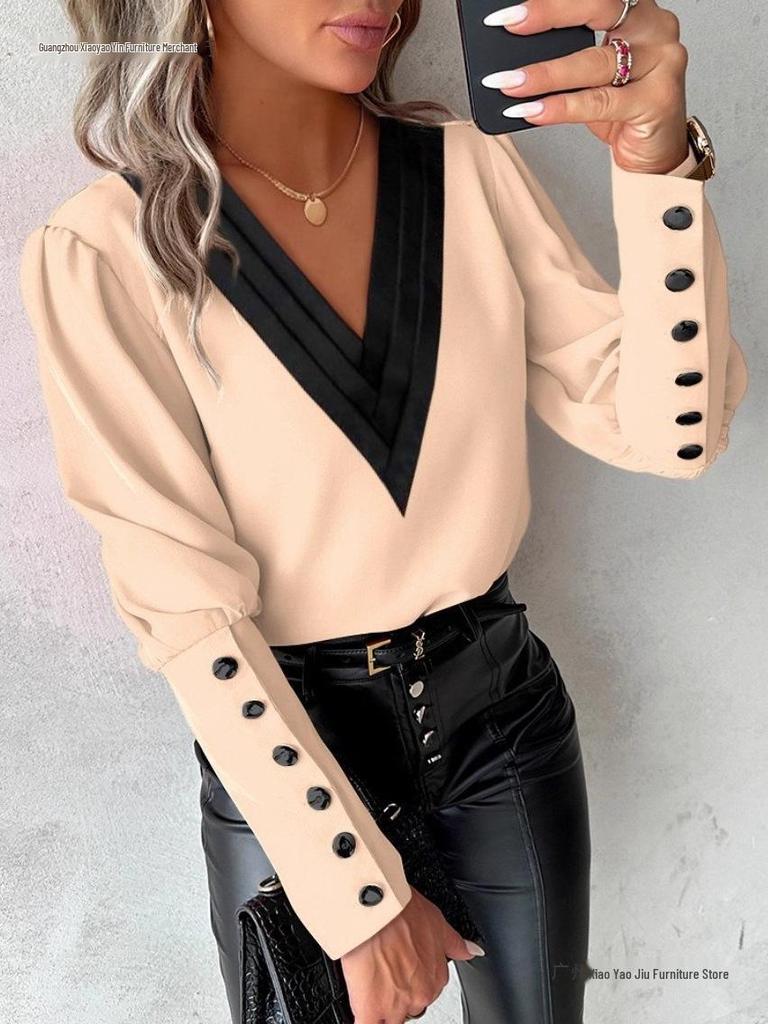 2026 Autumn Fashion V-Neck Solid Color Long Sleeve Button-Up Women's Shirt