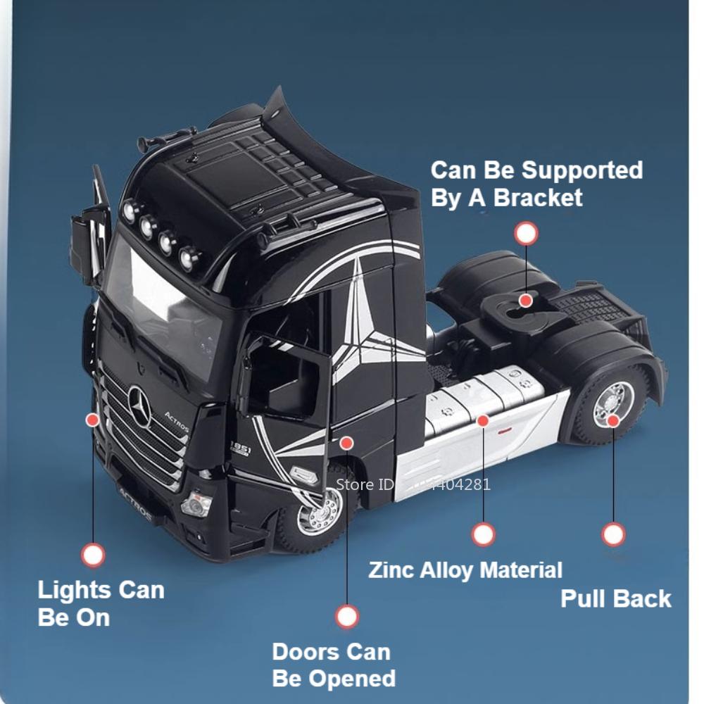 1:36 Моделей грузовиков-трейлеров Actros из сплава, игрушки, литая машина, открывающиеся двери, звук, свет, резиновые шины, миниатюрные транспортные средства, детские подарки