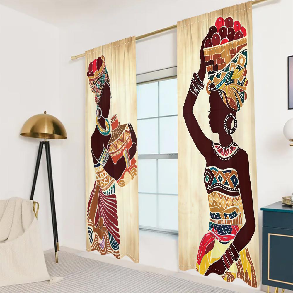 2PCS African Women Pattern Curtains Ethnic Colorful Print Bedroom Living Room Decor Art Culture Window Panels