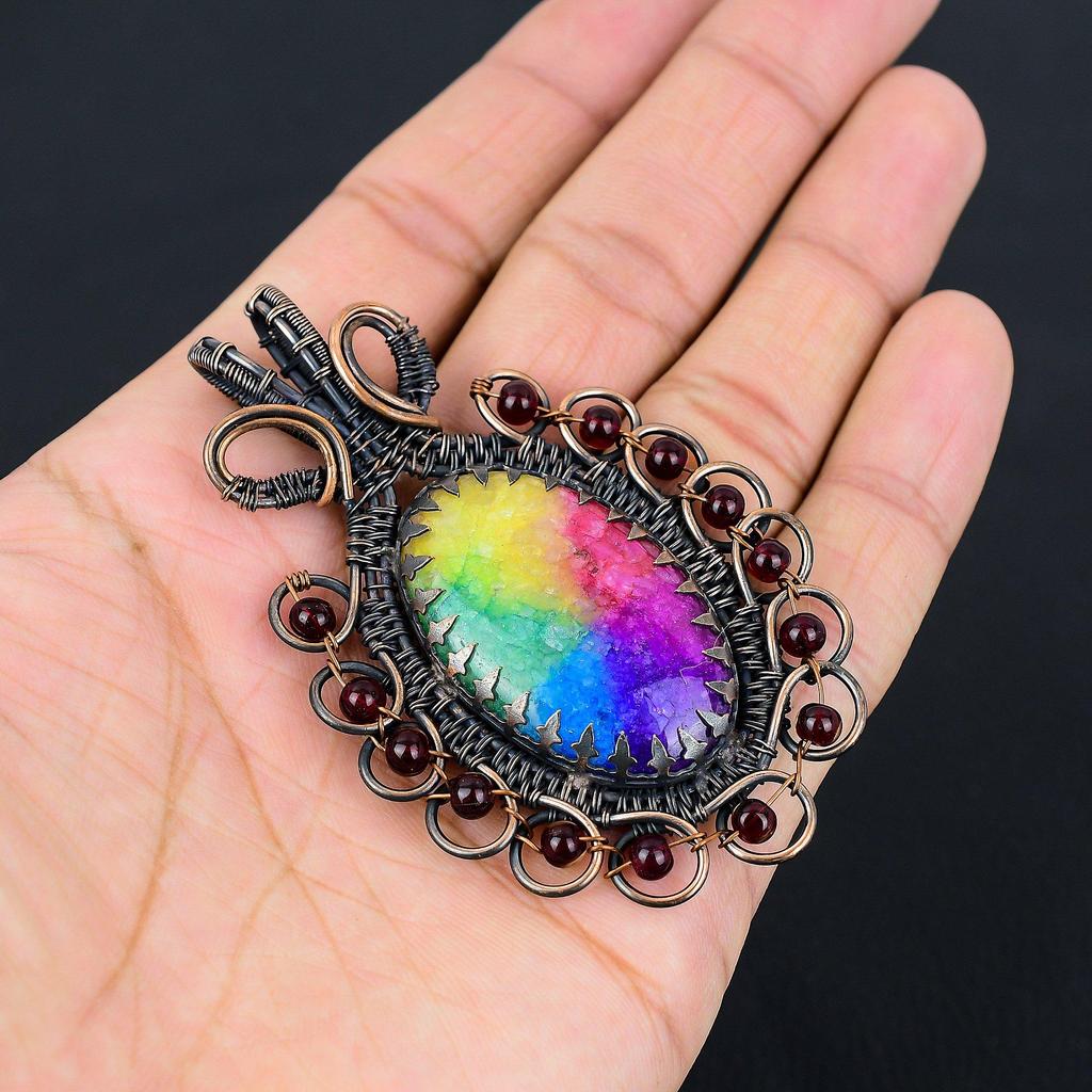 Радужный солнечный кварцевый драгоценный камень из чистой медной проволоки, обернутый ручной подвеской, ювелирные изделия для подарка