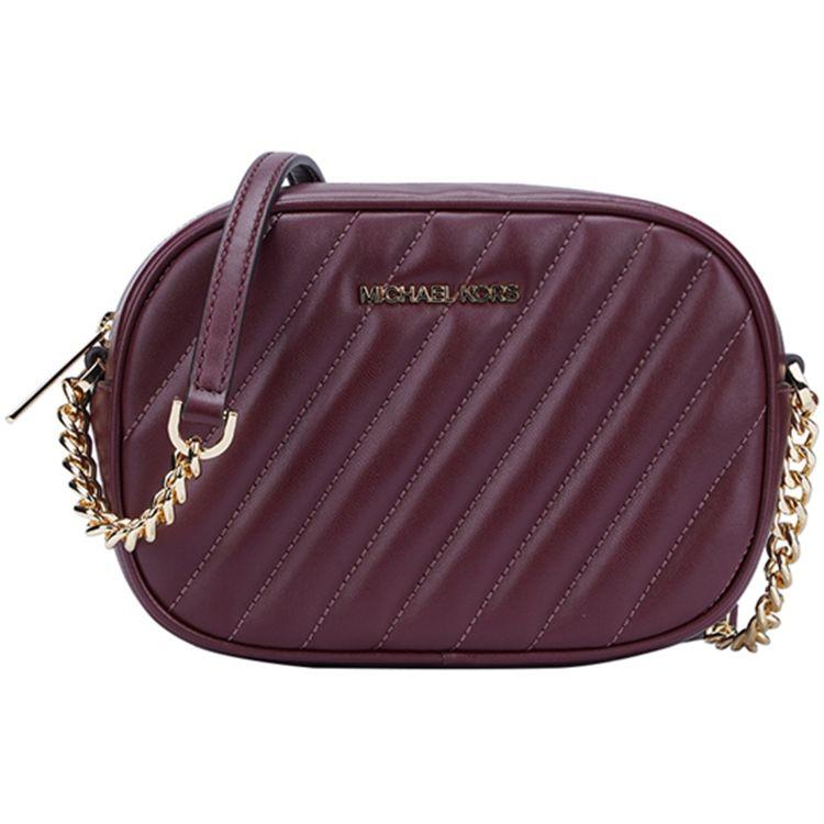 Michael Kors MK Rose Chain Shoulder Strap Quilted Solid Logo Leather Camera Bag Women Shoulder Bag Burgundy 35S1GX0C1U-MERLOT