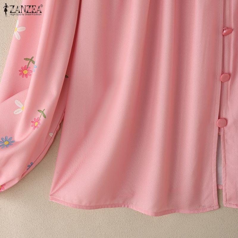 ZANZEA Женская повседневная блузка с круглым вырезом, цветочным принтом и длинными рукавами