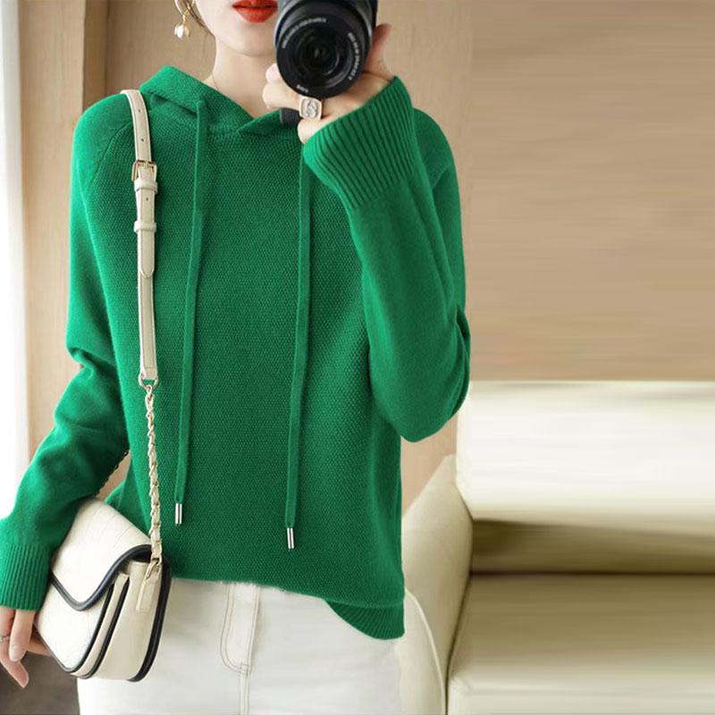 Пуловер, осенние и зимние свитера, женские свитера с капюшоном, свободный трикотаж с подкладкой, однотонный пуловер с длинными рукавами, женские топы