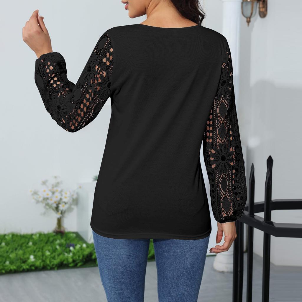Женские топы с длинным рукавом, рубашки с V-образным вырезом, повседневные кружевные футболки, блузки, осенние туники, облегающие футболки 230s
