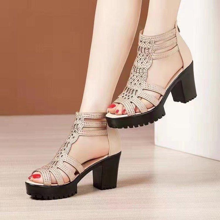 Women's 2024 Anti-Slip Open Toe Roman Sandals with Thick Medium-High Heels and Soft Bottom