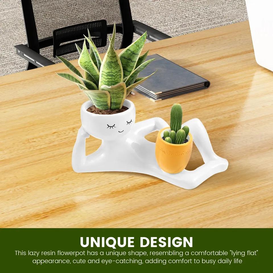 Lazy Guy Resin Funny Planter Pot with Drainage Holes Desktop Creative Crafts Ornaments Garden Greenery Vase Container