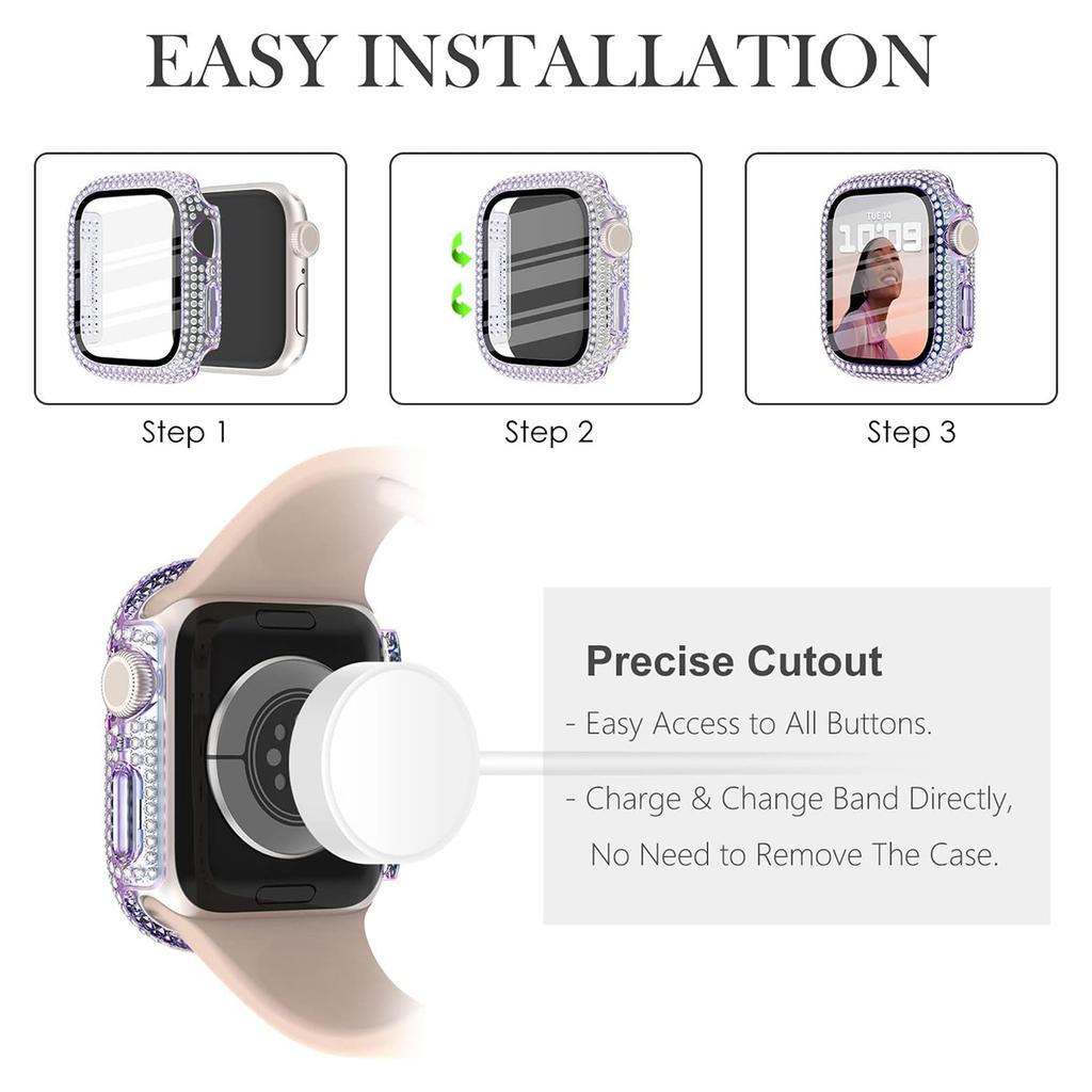 Чехол со стразами + Закаленное стекло для Apple Watch Series 11 10 9 8 7 SE, 46 42 45 41 44 40 38мм