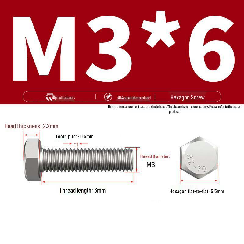 Болты с шестигранной головкой M3/M4/M5/M, Нержавеющая сталь 304, С полной резьбой