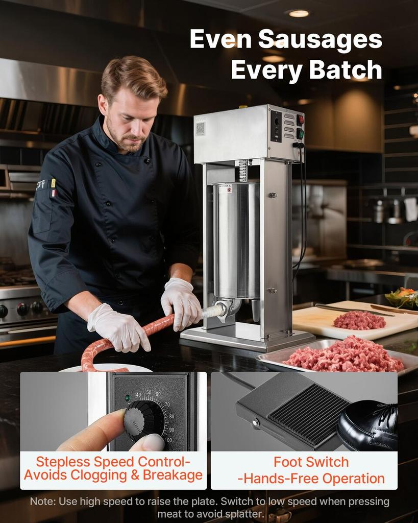 Electric Sausage Stuffer, 33 LBS / 15 L Vertical Meat Stuffer, Stepless Speed Control and Foot Pedal, Stainless Steel Heavy Duty Sausage Filler with 4
