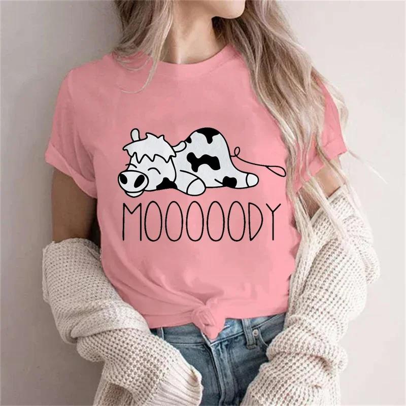 Moooody Cow Kawaii Футболки Женские Летние Забавные Футболки Ленивая Корова Животное Футболки Короткий Рукав Одежда Летняя Прохлада Стиль Футболка