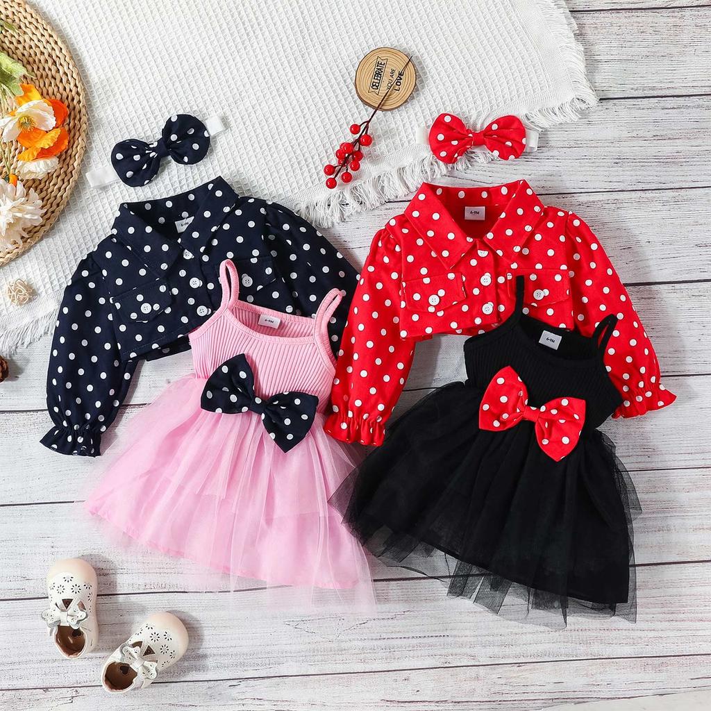Girls' Toddler Strap Mesh Bow Dress+Polka Dot Lapel Coat Set