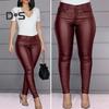Women Pants High Waist Smooth Faux Leather Solid Color Skinny Butt-lifted Elastic Button Zipper Closure Pockets Slim Fit Ankle Length Pencil Pants
