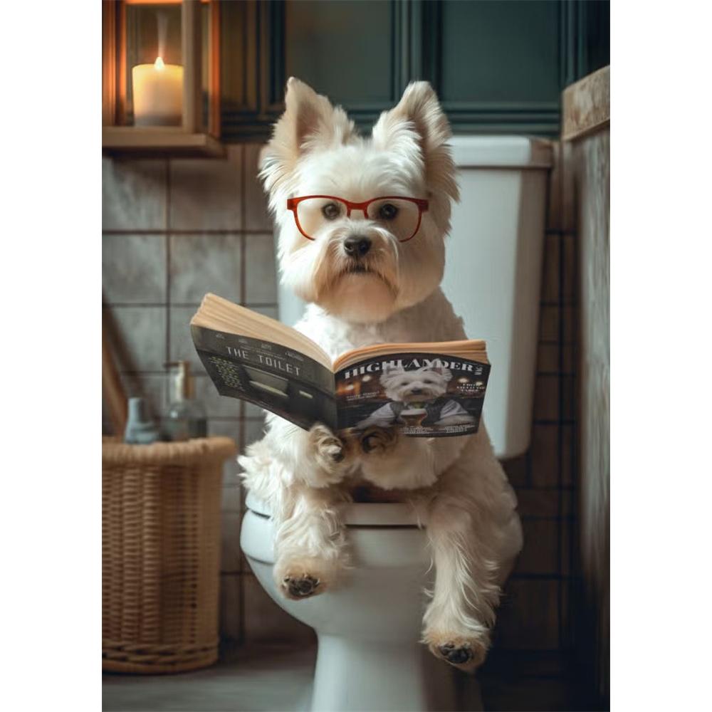 Собака сидит на унитазе и читает газету 5D DIY Алмазная живопись Вышивка крестом Полная выкладка Круглая вышивка Домашний декор Подарки