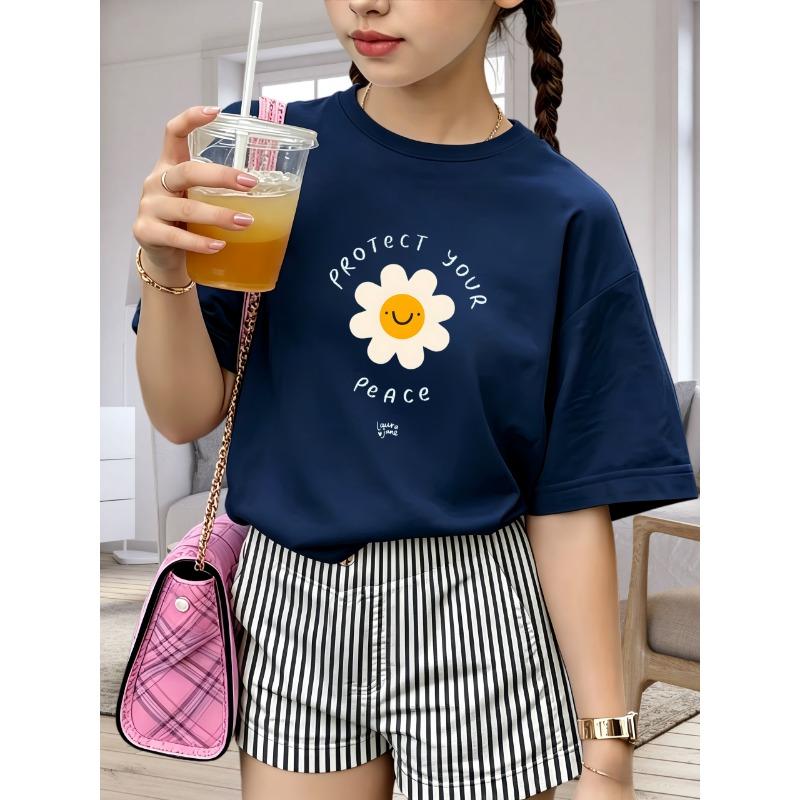 Protect Your Peace Smiley Daisy Circle Letter Print Kids T-shirt Soft Cotton O-Neck Short Sleeve Unisex Boys Girls Summer Casual