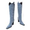 Blue Jeans Boots Ladies Fashion Chunky Heel Western Cowboy Boots 2024 New Square Toe Slip-on Knee-length Boots Women Long Boots