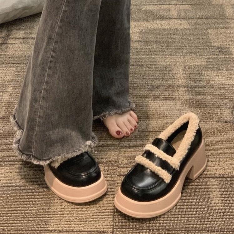 Толстая подошва, усиленный нескользящий толстый каблук, новые маленькие кожаные туфли, женские осенне-зимние туфли Мэри Джейн, водонепроницаемые, белые, бархатные, модные