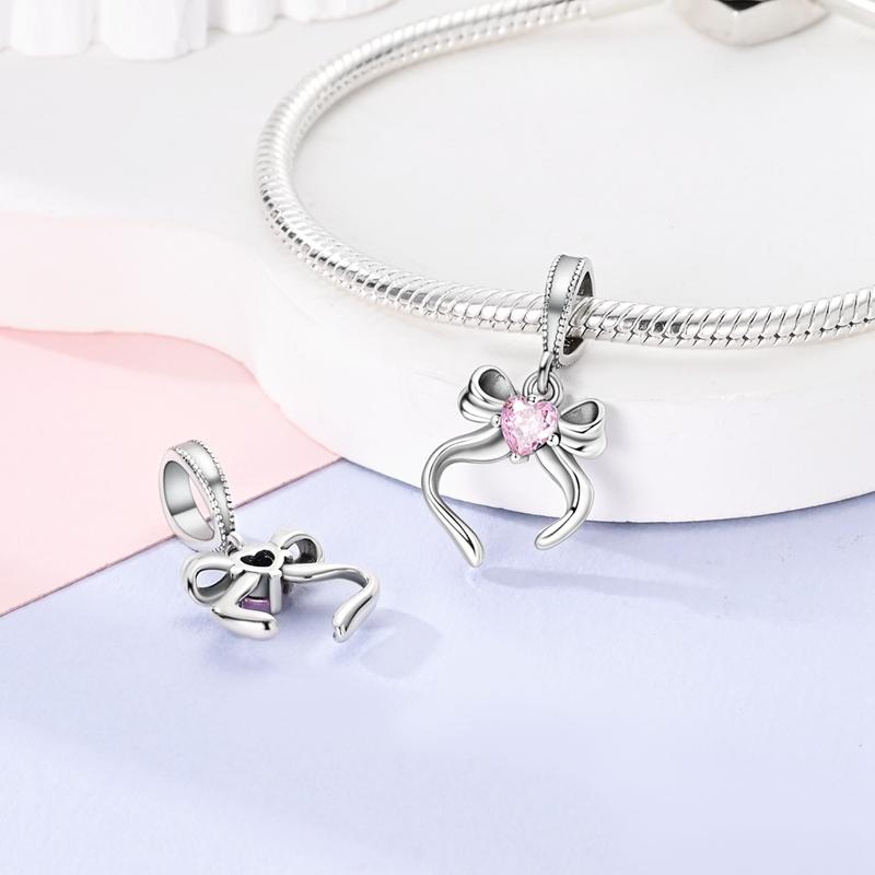 925 Silver Pink Bowknot Charms Beads Fit Original Bracelet Pendants Dangle Diy Jewelry Gift Charm For Women
