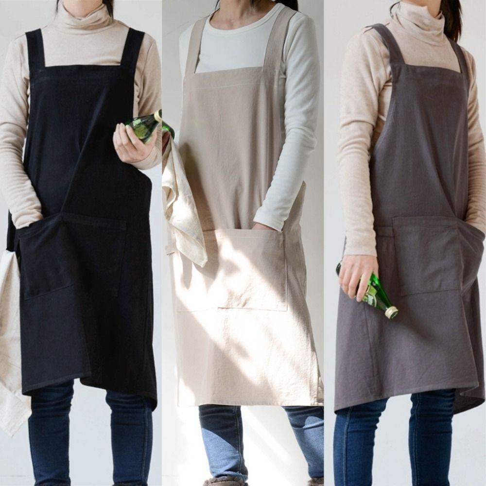 Simple Pocket Apron Cotton Household Waterproof Apron Durable Unisex Work Clothes Coffee Shop