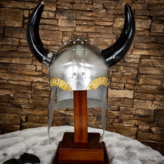 Viking Leader Horned Helmet - Medieval 18 Gauge Steel Unlined Fictional Prop Helmet W/ Real Buffalo Horns