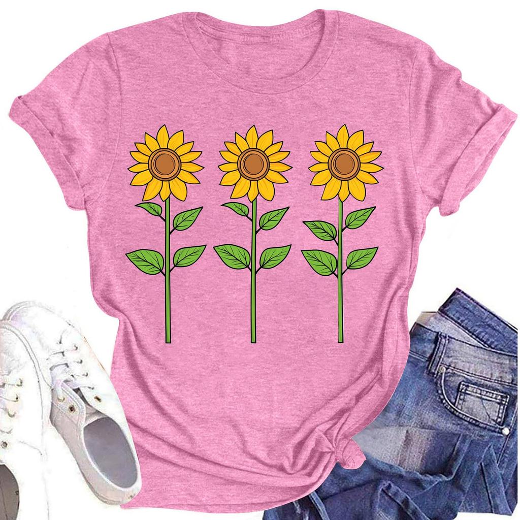 Женская повседневная футболка с круглым вырезом и цветочным принтом, короткий рукав