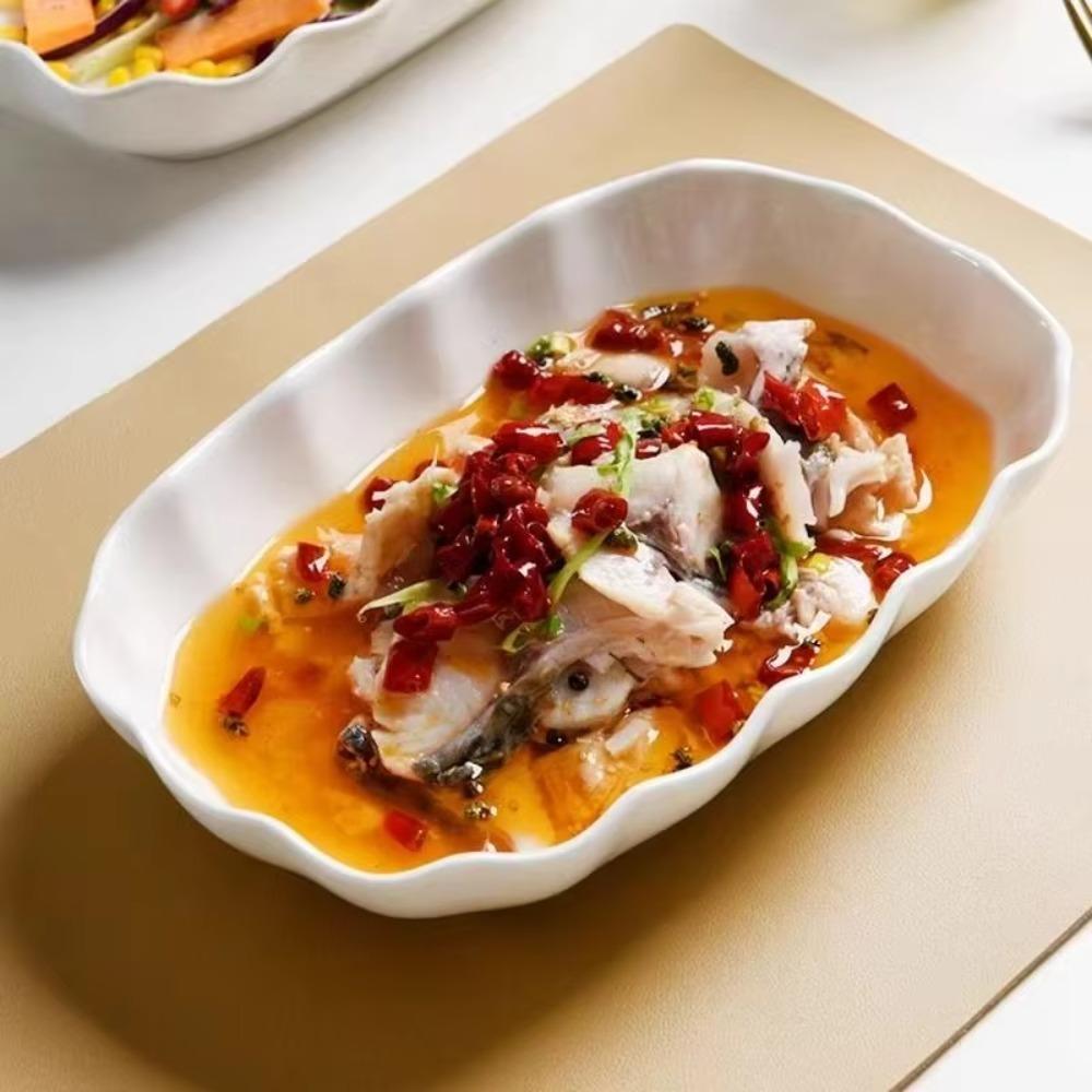 Heat-resistant Ruffled Edge Serving Plate Rectangular Meal Plate Artistic Steamed Fish Plate  Soup