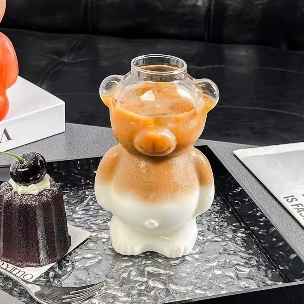 Transparent Clear Bear Glassware 320ML Milk Tea Straw Cup Cute Glass Cup With Straw Coffee