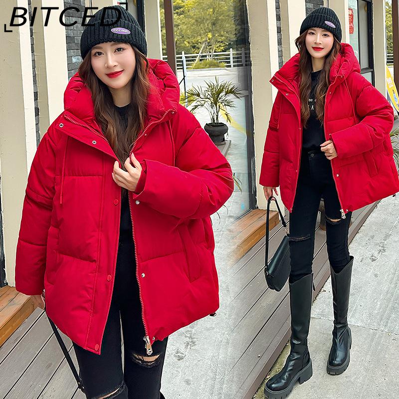 BITCED Plus Size Thickened Cotton Coat Women's Fall/Winter A-Line Loose Fit Puffer Jacket Warm Cotton-Lined Hooded Outerwear