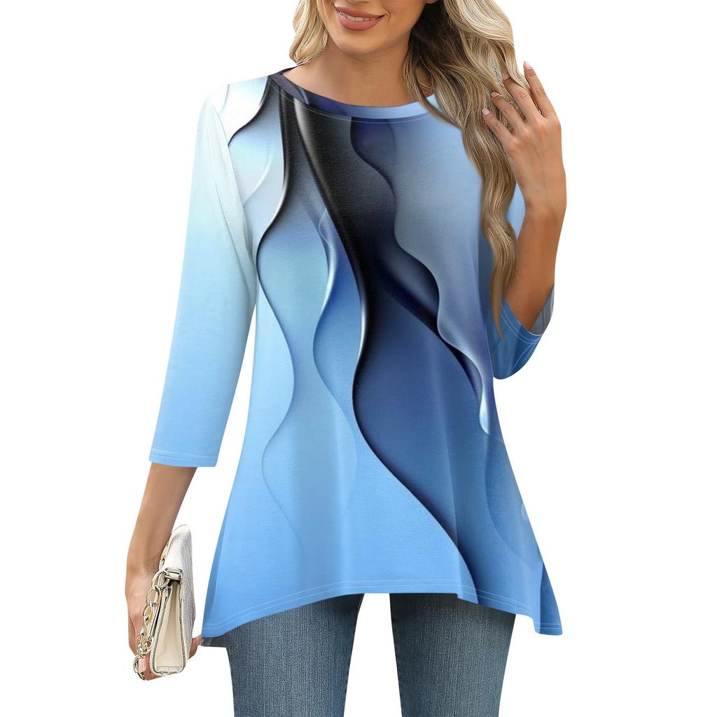 3/4 рукав туника топы для женщин принтованный повседневный выходной свободный крой модная базовая футболка с круглым вырезом