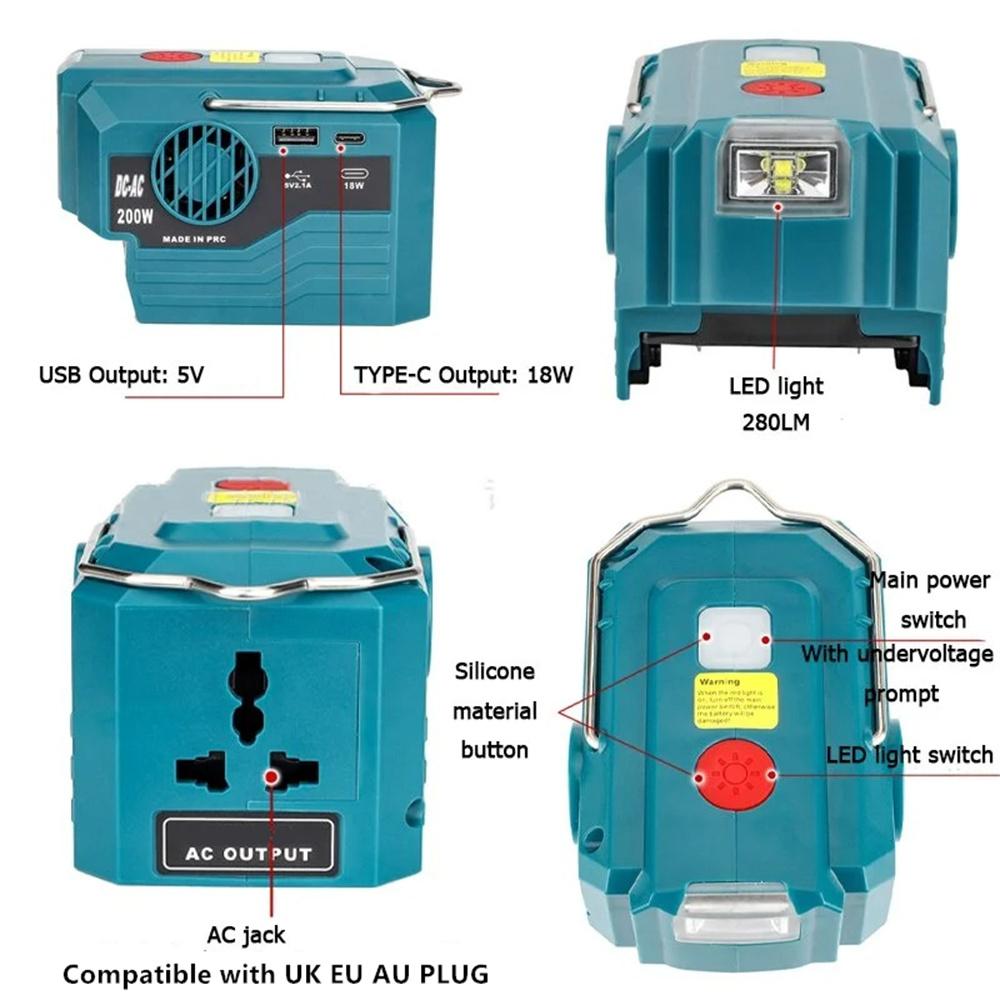Инвертор 220В-230В/перем. тока USB+Type-C Адаптер аккумулятора для кемпинга на открытом воздухе для Makita 18В