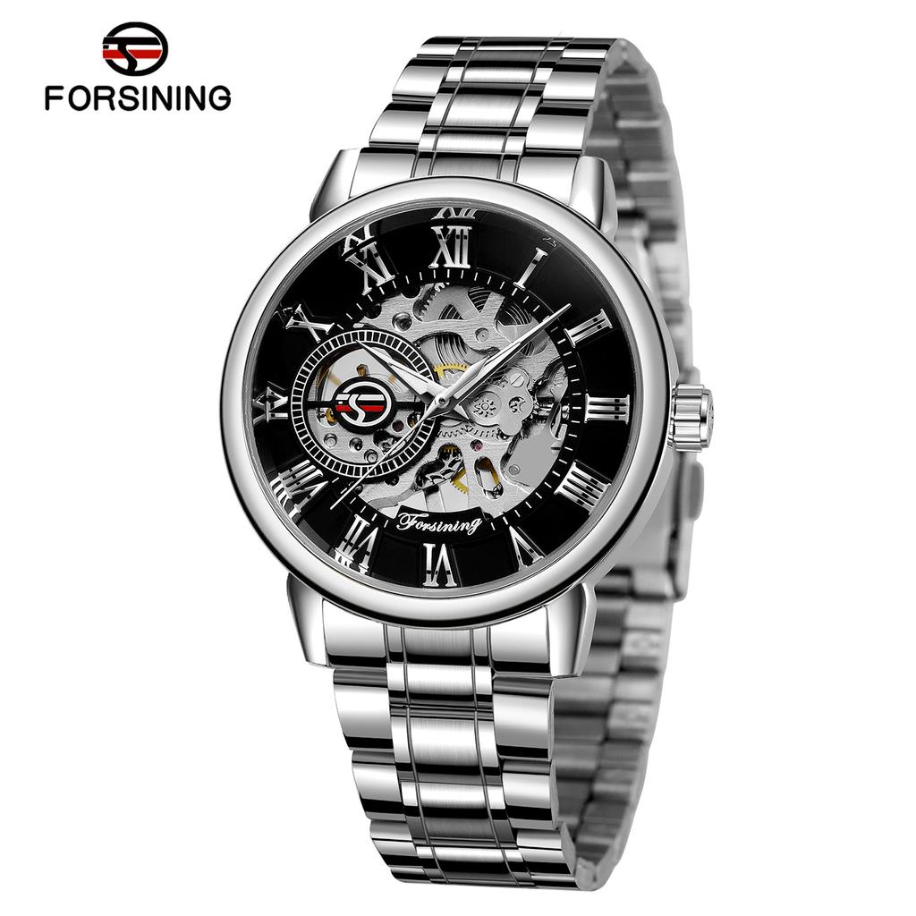 Forsining Часы Мужские модные повседневные золотые часы со стальным ремешком скелетонизированные механические часы