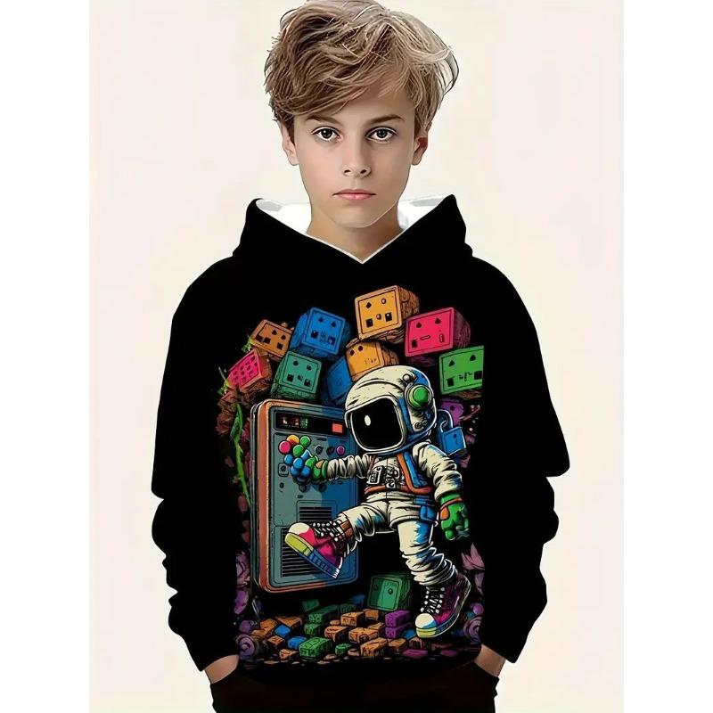 Autumn 3D Game Consoles & Astronaut Printed Hoodies Fashionable Casual Sports Long Sleeved Children's Boy Hooded Sweatshirts