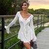 Women's Ruffled Pointed Neck Tie Drawstring Flared Sleeve Dresses