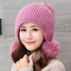 New High Quality Warm Hat Women Rabbit Fur Winter Hat Female Fashion Add Fur Lined Pompoms Knitted Hat