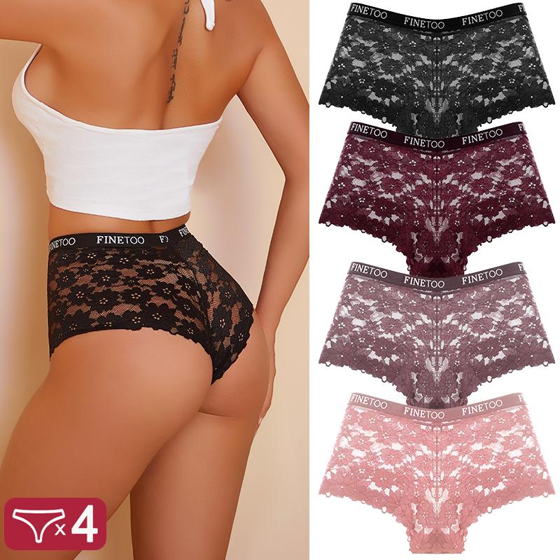 4Pcs Women Lace Floral Boyshorts Sexy Hollow Out Panties Low Waist FINETOO Briefs Female Stretch BoxerShort Lingerie Transparent